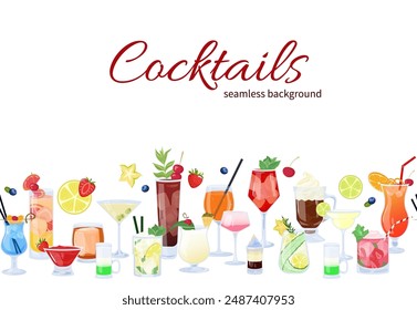 Vector cocktails seamless border. Big set of summer beach alcoholic drinks mix in flat style with cut fruits. Beach Holidays, summer sale, party, cafe-bar concept. Poster, advertising, flyer, sale.