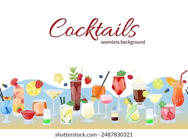 Vector cocktails seamless border. Big set of summer beach alcoholic drinks mix in flat style with cut fruits. Beach Holidays, summer sale, party, cafe-bar concept. Poster, advertising, flyer, sale.