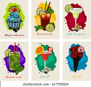 Vector cocktails set isolated, Long Island Ice Tea, Margarita, Margarita Strawberry, Mojito, cupcake and ice-cream