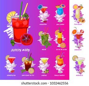Vector cocktails set isolated, Martini, Sex on the beach, Long Island Ice Tea, Margarita, Margarita Strawberry, Bloody Mary, Blue Lagoon, Cosmopolitan ,Tequila Sunrise, Manhattan 