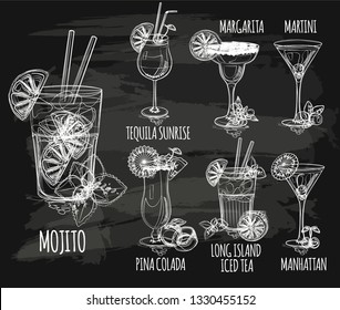 Vector cocktails set isolated, Martini, Long Island Iced Tea, Margarita ,Tequila Sunrise, Manhattan