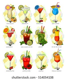Vector cocktails set isolated, Martini, Sex on the beach, Long Island Ice Tea, Margarita, Margarita Strawberry, Bloody Mary, Blue Lagoon, Cosmopolitan ,Tequila Sunrise, Manhattan