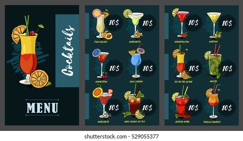 Vector cocktails set, restaurant menu, Martini, Sex on the beach, Long Island Ice Tea, Margarita, Margarita Strawberry, Bloody Mary, Blue Lagoon, Cosmopolitan ,Tequila Sunrise, Manhattan