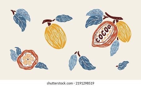 Vectorkakaobohnen und Blätter bunter Set. Kacao Pods. Rohobst. Ideal für die Verpackung von Kakaopulver oder Schokolade. Handgezeichnete Illustration. 