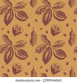 Vector Cocoa beans seamless pattern. Hand drawn Cacao beans background for chocolate packaging ornament or powder. Old fashioned cocoa plant illustrations for Bean to Bar label. Organic cacao butter.