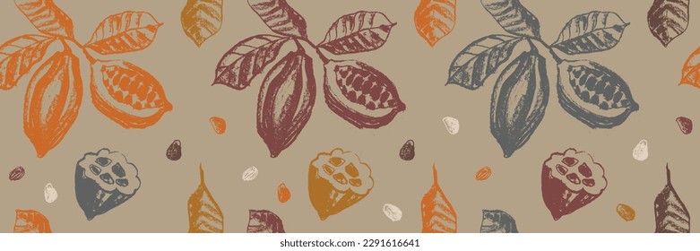 Vector Cocoa beans seamless pattern. Hand drawn Cacao beans background for chocolate packaging ornament or powder. Old fashioned cocoa plant illustrations for Bean to Bar label. Organic cacao butter.