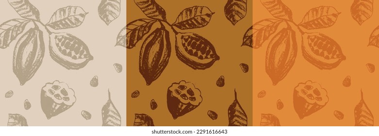 Vector Cocoa frijol sin fisuras. Fondo de los granos de Cacao dibujados a mano para adornos de envases de chocolate o polvo. Ilustraciones de la antigua planta de cacao para la etiqueta Bean to Bar. Mantequilla orgánica de cacao.