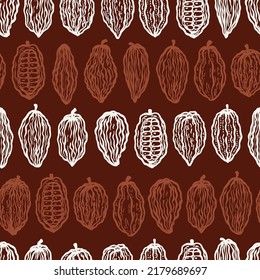 Vector Cocoa Beans Varieties Seamless Pattern. Diferentes variedades de frutas de Cacao Pods. Antecedentes alimentarios. Ideal para el diseño de envases de chocolate.