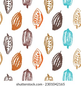 Vector Cocoa fruits pattern seamless with cocoa bean hand drawn illustrations. Cacao beans wallpaper for chocolate packaging design, cocoa powder label, organic cacao butter backdrop. Cocoa cosmetics.