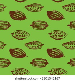 Vector Cocoa fruits pattern seamless with cocoa bean hand drawn illustrations. Cacao beans wallpaper for chocolate packaging design, cocoa powder label, organic cacao butter backdrop. Cocoa cosmetics.