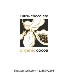 Vector cocoa logo Natural symbol Chocolate tree, branch, leaves, bean, grain. Organic sweet, bio drink, vegan fruit, bio food Hand drawn emblem Art sketch illustration for cover, packing, print, stamp