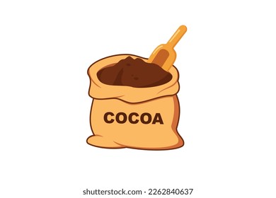 Vector of cocoa powder in a bag with a wooden spoon on it isolated on a white background