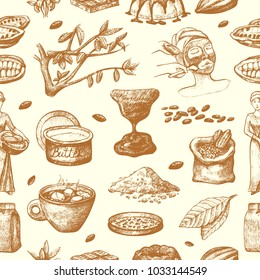 Vector cocoa products hand drawn sketch. Doodle food chocolate sweet cacao illustration. Vintage style plant natural bean ingredient. Organic cacao seamless pattern background