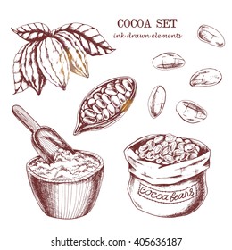 Vector Cocoa set on white background. Cocoa beans, cocoa leaves, cocoa branch with fruits of cocoa, cocoa powder. Elements are isolated. Chocolate ingredient.