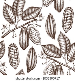 Vector Cocoa tree illustration. Vintage background with hand drawn with leaves, flowres, fruits and beans. Botanical seamless pattern. Aromatical and tonic elements sketch. Vector Cocoa tree illustration. Vintage background with hand drawn with leaves, flowres, fruits and beans. Botanical seamless pattern. Aromatical and tonic elements sketch.