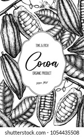 Vector Cocoa tree illustration. Vintage background with hand drawn with leaves, flowers, fruits and beans. Botanical template design. Aromatic and tonic elements frame.