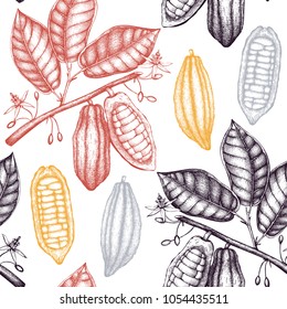 Vector Cocoa tree illustration. Vintage background with hand drawn with leaves, flowers, fruits and beans. Botanical seamless pattern. Aromatic and tonic elements sketch.