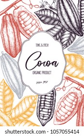 Vector Cocoa tree illustration. Vintage background with hand drawn with leaves, flowers, fruits and beans. Botanical template design. Aromatic and tonic elements frame.