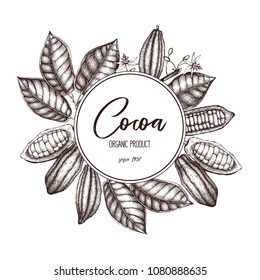 Vector Cocoa tree illustration. Vintage background with hand drawn with leaves, flowers, fruits and beans. Botanical template design. Aromatic and tonic elements frame.