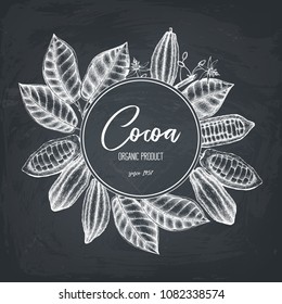 Vector Cocoa tree illustration. Vintage background with hand drawn with leaves, flowers, fruits and beans. Botanical template design. Aromatic and tonic elements frame.