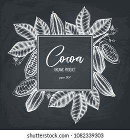 Vector Cocoa tree illustration. Vintage background with hand drawn with leaves, flowers, fruits and beans. Botanical template design. Aromatic and tonic elements frame.