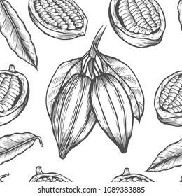 Vector Cocoa tree illustration. Vintage background with hand drawn with leaves, flowres, fruits and beans. Botanical seamless pattern. Aromatical and tonic elements sketch.