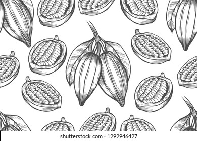 Vector Cocoa tree illustration. Vintage background with hand drawn with leaves, flowres, fruits and beans. Botanical seamless pattern. Aromatical and tonic elements sketch.