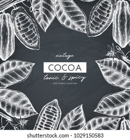 Vector Cocoa tree vintage sketch. Vintage design with hand drawn with leaves, flowers, fruits and beans. Botanical frame template. Aromatic and tonic elements illustration on chalkboard.