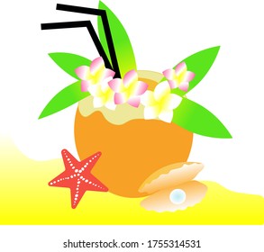 Vector coconut cocktail with drinking straw, hawaiian flowers and green leaves, fun cartoon style. Tropical summer cocktail with sea shells and starfish on the beach