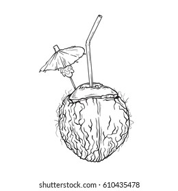 Vector coconut cocktail in lines. Line art style. Isolated on white background. 