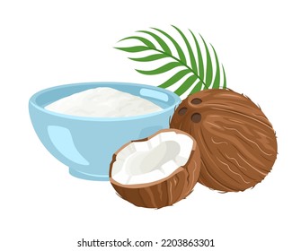 Vector coconut flour in bowl. Cartoon simple healthy food illustration. svg