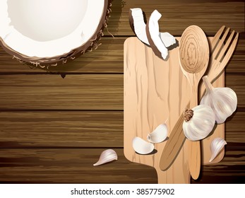 Vector coconut and garlic with wood spoon, wood fork on wooden background