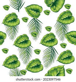 Vector Coconut  Green Leaves Seamless Repeat Pattern.