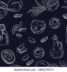 Vector coconut hand drawn sketch with palm leaf. Hand drawn doodle set. Vector illustration. Isolated elements. Symbol collection.