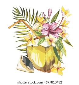 Handgezeichnete Vektor-Kokosnuss-Skizze mit Palmblatt, Pflaumenzunge und rosafarbenen Hibiskusblumen. Aquarell, Vektorgrafik tropischer Lebensmittel. Einzeln auf weißem Hintergrund.