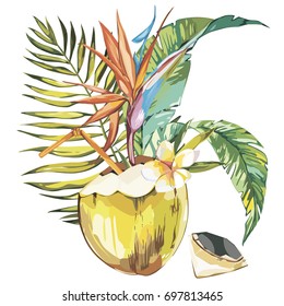 Vector coconut hand drawn sketch with palm leaf, plumeria and strelitzia flowers. Watercolor vector tropical food illustration. Isolated on white background.