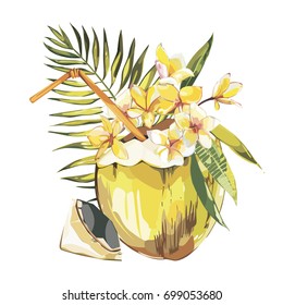 Vector coconut hand drawn sketch with palm leaf, plumeria flowers. Watercolor vector tropical food illustration. Isolated on white background.