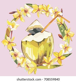 Vector coconut hand drawn sketch with plumeria flowers. Watercolor vector tropical food illustration. Isolated on white background.