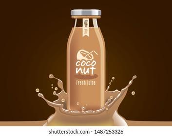 Vector coconut juice, fruit glass bottle with drop splash