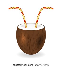 Vector Coconut Juice with Straw Isolated on White Background.