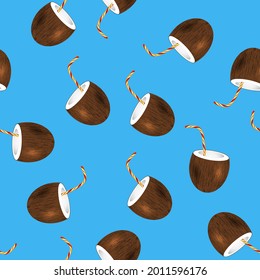 Vector Coconut Juice with Straw Isolated on Blue Background. Seamless Pattern.