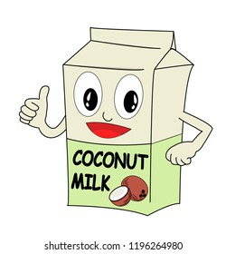 Vector of a coconut milk box. Animated cartoon with face and thumb up. Concept of enjoying vegetable drinks.