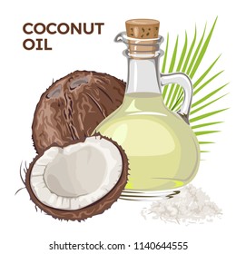 Vector coconut  with coconut oil in glass bottle. Whole and pieces. Illustration in flat style isolated on white background. Skin care concept.