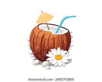 Vector Coconut with one straws,flower and an umbrella on white background. EPS 10 vector illustration. Easily edit as you wish with vector files (EPS or AI)