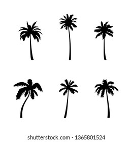 Vector coconut palm tree silhouette set. Vector illustration isolated on white background. Jungle, nature, holiday, summer theme. 