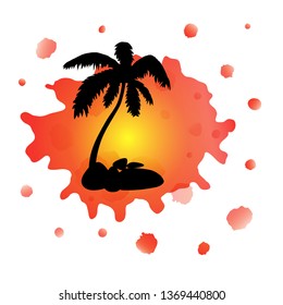 Vector coconut palm tree silhouette on a blot. Vector illustration isolated on white background. Jungle, nature, holiday, summer theme. Space for text, lettering. 