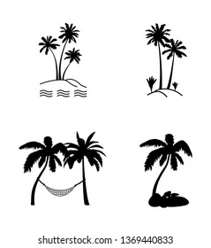 Vector coconut palm tree silhouette set. Vector illustration isolated on white background. Jungle, nature, holiday, summer theme. 