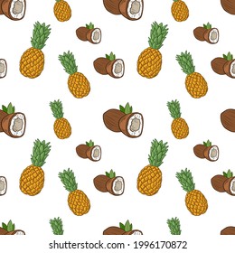 Vector Coconut and Pineapple Seamless Pattern, Colorful Background Template, Pina Colada Flavour Concept.