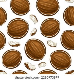 Vector Coconut Seamless Pattern, decorative repeat background with cut out illustration of whole coconut and pieces with ripe flesh for wrapping paper, group of flat lay coconut nuts for home interior