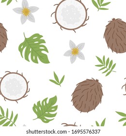 Vector coconut seamless pattern. Jungle fruit repeat background. Hand drawn flat exotic texture. Bright childish healthy tropical summer food digital paper